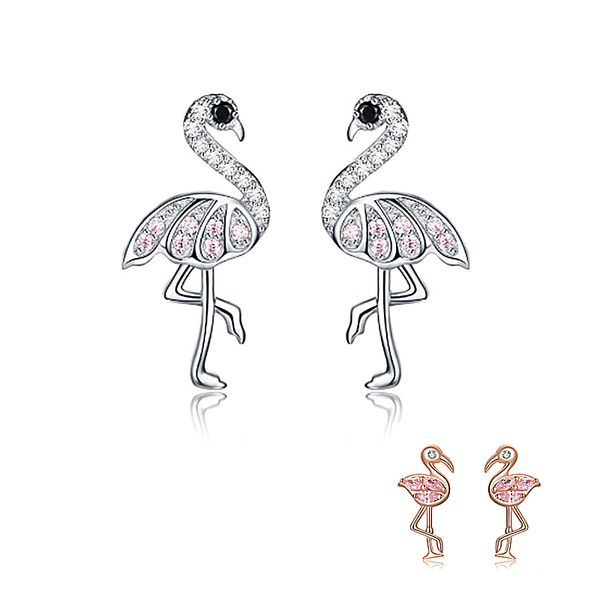

summer flamingos stud earrings for women pink cubic zirconia ear studs romantic female silver 925 jewelry gifts bse120, Golden;silver