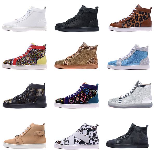 

luxury designer mens red bottoms shoes studded spikes flats with diamond high sneakers glitter genuine leather des chaussures zapatos, Black