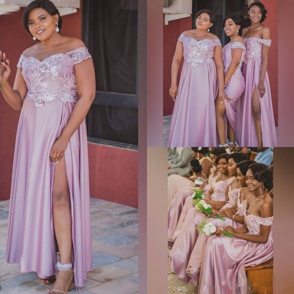 

off shoulder lace appliques a-line long bridesmaids dresses 2020 plus size cusotmized maid of honor robe de bridesmaids prom gowns, White;pink