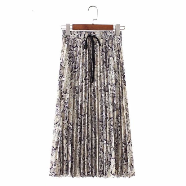 

women chic snake print pleated skirt drawstring tie elastic waist ladies vintage casual mid calf skirts animal pattern decorate, Black