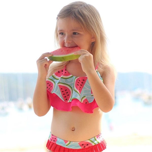 

cute 2018 watermelon swimwear kids girls ruffles halter bandage bikini set summer swimsuit beachwear bathing suit biquini 1-6t