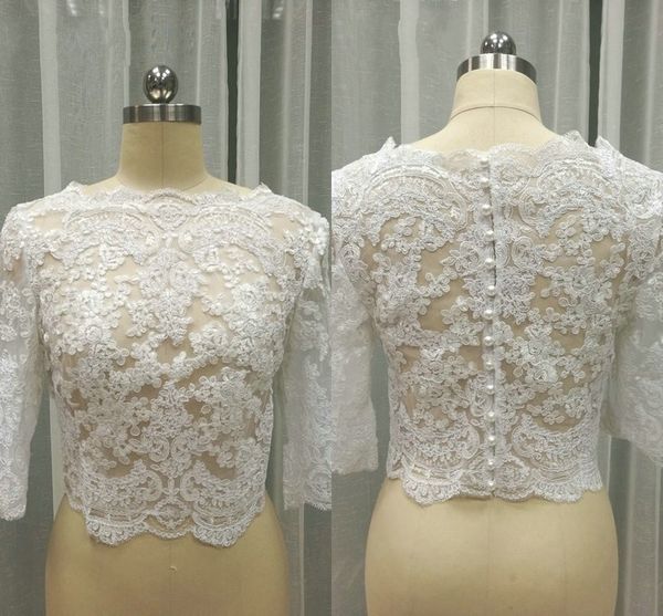 

in stock lace wedding jackets for women 3/4 long sleeve lace bolero bateau pearls wedding jacket plus size, White
