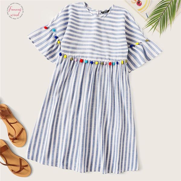 

boho cute blue colorful pompom detail striped smock summer dress women high waist short tunic straight dresses, Black;gray