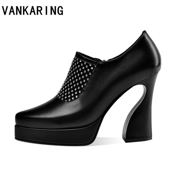 

fashion leather pumps high heels round toe office lady shoes daily high heel shoes nude pumps platform zipper ankle boots woman, Black