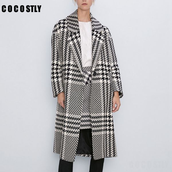

winter coat women vintage plaid wool coat women houndstooth outwear office long jacket female overcoat casaco feminino, Black