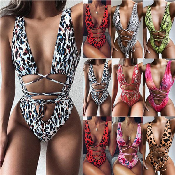

summer fashion new bikini leopard print lace-up one-piece swimsuit bathing women's conjoined swimwear ing