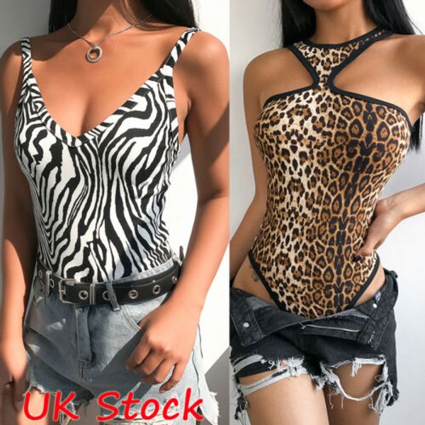 

women leopard bodycon summer stretch bodysuit leotard summer new sleeveless slim jumpsuit s-l, Black;white
