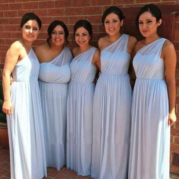 Hellblaue Brautjungfernkleider in Übergröße, eine Schulter, ärmellos, langes formelles Brautjungfernkleid, günstige Trauzeugin-Kleider für Strandhochzeiten