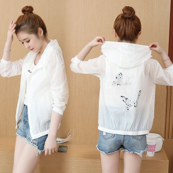 

summer print thin hooded 3 colors jacket women casual slim long sleeve zipper bomber jacket fashion sunscreen cardigan coat, Black;brown