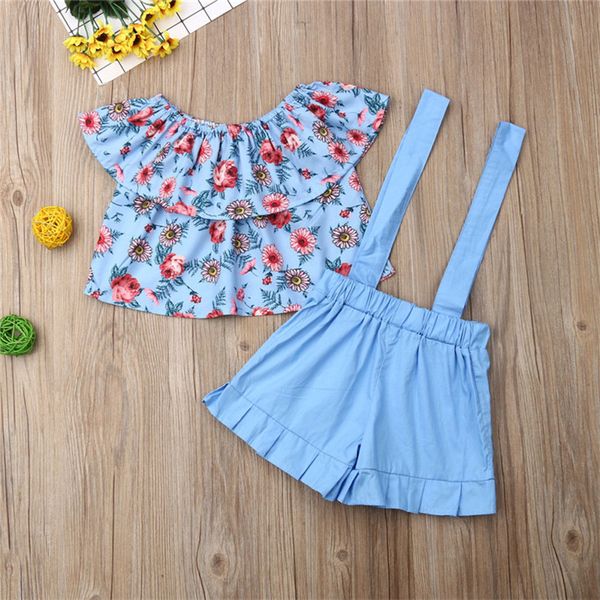 

summer baby girls outfits floral straps shorts two pieces clothing sets kids off shoulder flowers t-shirts overalls suits e22603, White