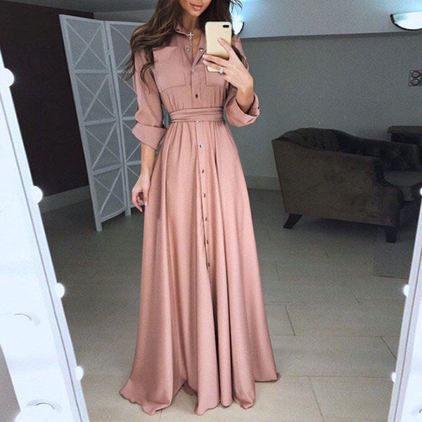 

ladies dresses womens clothing elegant women long sleeve bandage maxi shirt ladies single breasted buttons floor length vestidos ws9871e, Black;gray