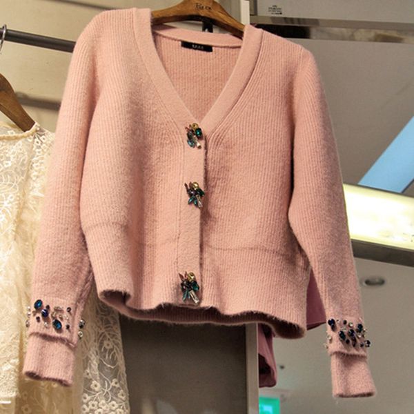 

zawfl 2019 autumn winter knitting sweater cardigan solid color diamond mosaic mink cashmere sweaters female jacket coats, White