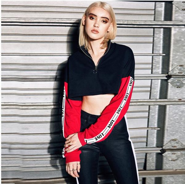 

new long sleeve patchwork letters print zipper high neck loose crop autumn winter women new fashion sweatshi, White