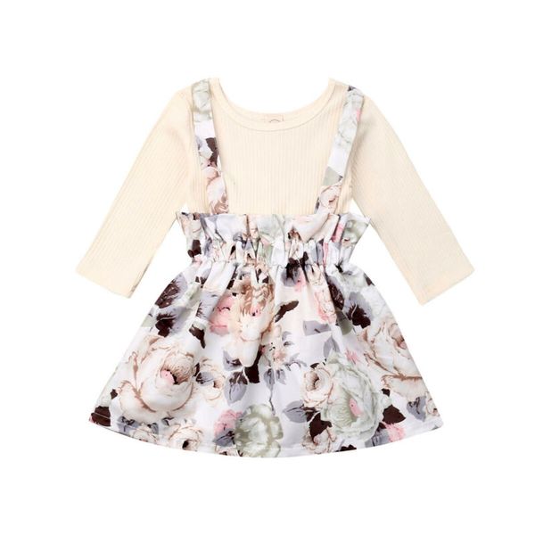 

pudcoco infant kids baby girl solid long sleeve casual floral dress outfits set clothes 0-4y, White