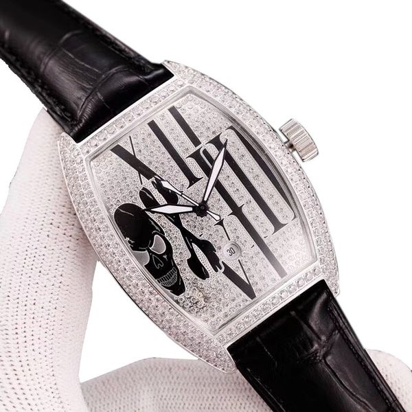 

4 color men's collection grace curvex skull date gypsophila diamond dial automatic mens watch diamond case leather strap gents watches, Slivery;brown