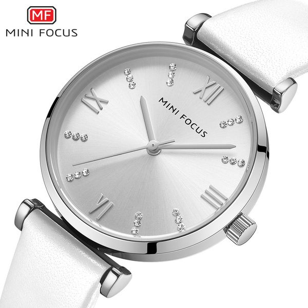 

minifocus 2020 women watches simple ladies quartz watch white leather strap casual girl clock, Slivery;brown