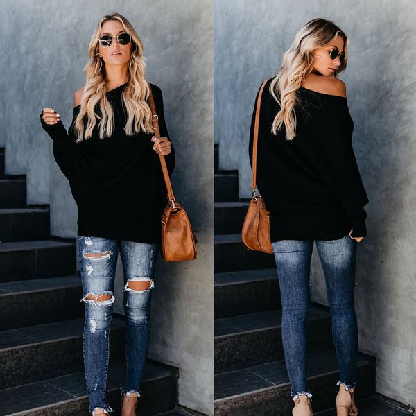 

2019 new fashion autumn winter woman pullover sweater office lady black white brown gray long sleeve slash neck sweater, White;black