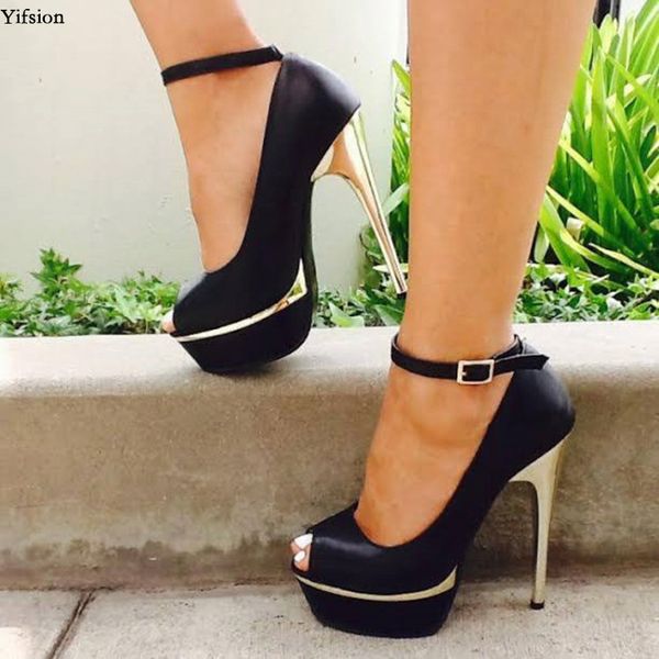 

rontic women platform pumps thin high heels ankle strap pumps nice peep toe elegant black party shoes women plus us size 5-15