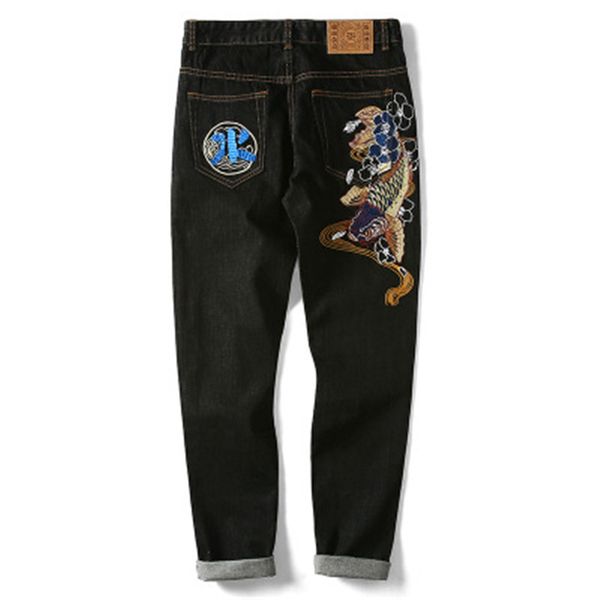 

2019 new chinese style embroidery straight trousers retro tide brand men's jeans trend embroidered jeans for men fashion, Blue
