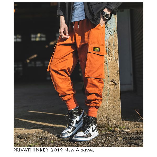 

men japanese streetwear joggers pants 2019 man orange vintage cargo pants males casual pocket fashion harem, Black