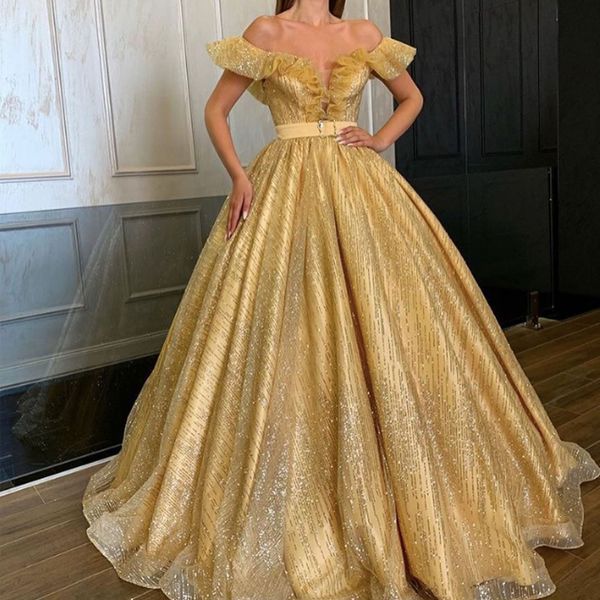 

sparkly пром платья gold off плеча золото shinning блестки ruffles sash 2020 бальное платье вечерние платья партии, Black
