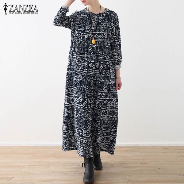 

zanzea bohomian autumn 2019 women cotton long maxi dress long sleeve vestidos floral printed dresses pockets plus size tunic 5xl, Black;gray