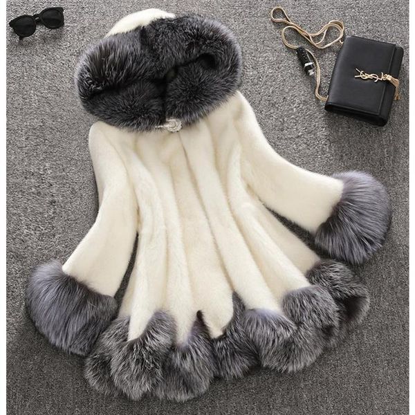 

fur coat female fur mink hair medium length hooded slim winter jacket coat collar natural liner long outerwear, Black