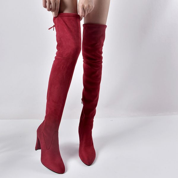 

2020 woman over the lace up square heels female knee boots women zippers shoes ladies poined toe footwear plus szie, Black