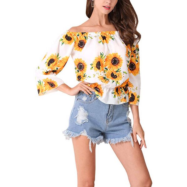 

womens and blouses 2018 off shoulder shirts tunic sunflower print ladies three quarter flare sleeve streetwear clothing, White