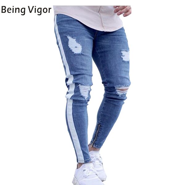 

men's skinny stretch ripped jeans blue hip hop distressed skinny slim fit jean pants damaged denim pants high street