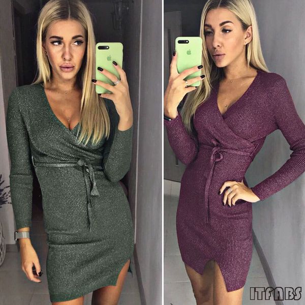 

hirigin dress 2019 womens autumn winter wear long sleeve slim fit v neck bodycon mini dress clubwear, Black;gray