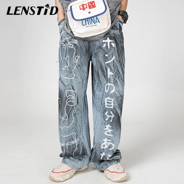 

2020 hip hop japanese kanji graffiti print denim pants streetwear men harajuku fashion jeans autumn harem baggy trousers, Blue