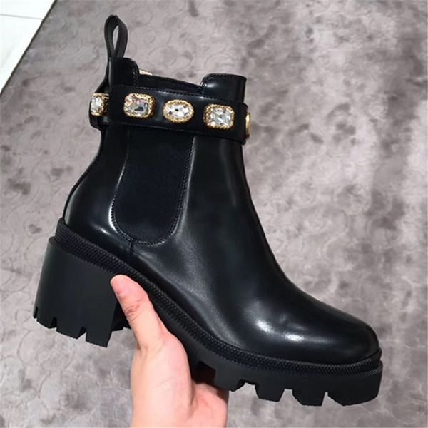 

special order watch trip leather ankle boots crystal platform shoes women's runway boots chunky heels woman, Black