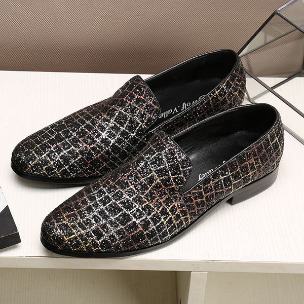 

fashion grids pattern leather loafers sequins men's prom party wedding shoes men leather casual shoes, Black