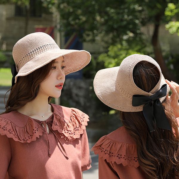 

new fashion female design bow knot sun breathe hat summer knit hollow sun visor korean outdoor empty hat, Blue;gray