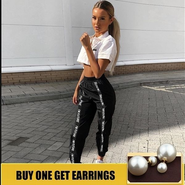 

women trousers pants trousers women full length loose jogger mujer sporting elastic waist black casual combat letter streetwear fashion, Black;white