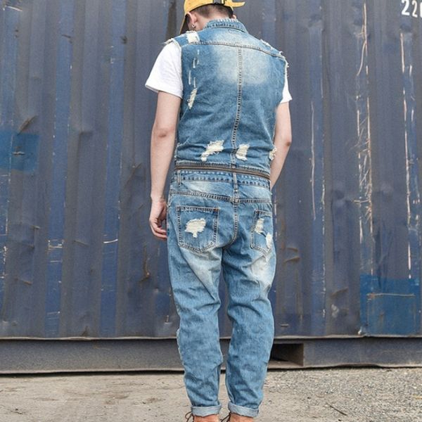 

men's jeans mens personality removable zipper waist jumpsuit hole ripped sleeveless romper washed denim overalls pants trousers 2xl, Blue