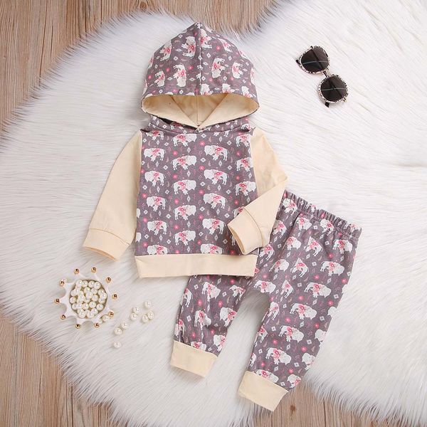 

children clothing toddler baby boys girls long sleeve animal print hooded +pants outfit set autumn winter clothes set t5#, White