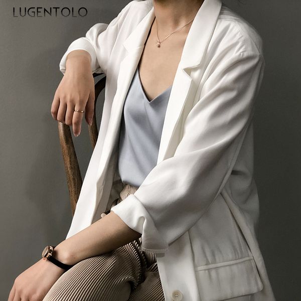 

lugentolo women blazer sumemr simple classic thin solid jackets korean casual straight pocket fashion lady blazers, White;black