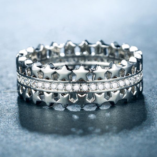 

retro double row stars zirconia ladies rings personality hollow design lovers promise rings for women accessories party jewelry, Silver