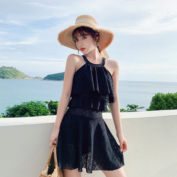 

female 2019 spring one-piece conservative small chest covering belly slim swimsuit large size swimsuit, White;black