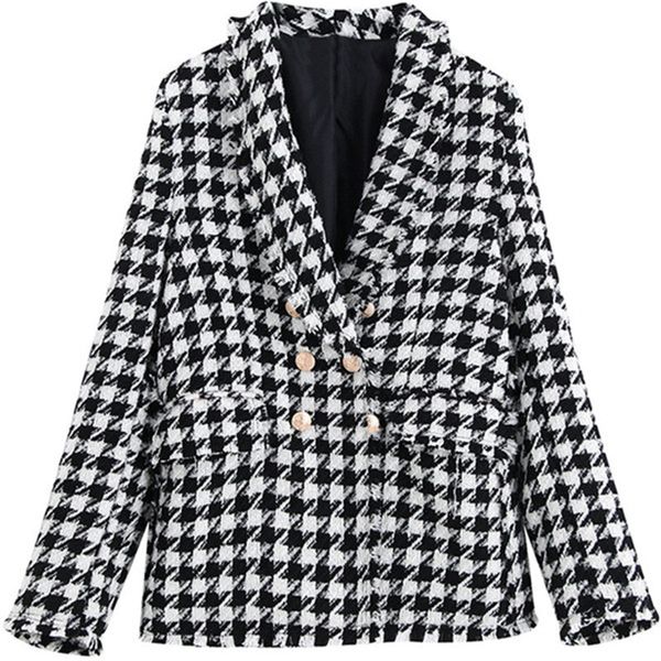 

houndstooth womens designer jackets suit jackets double breasted casual slim long sleeved lapel neck fashion womens jackets, Black;brown