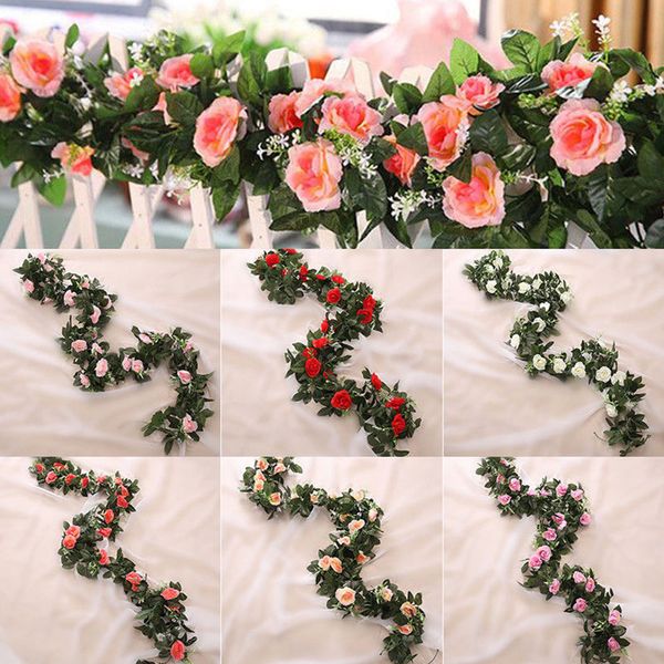 

2.4m silk artificial rose vine hanging flowers for wall decoration rattan fake plants leaves garland romantic wedding home decor