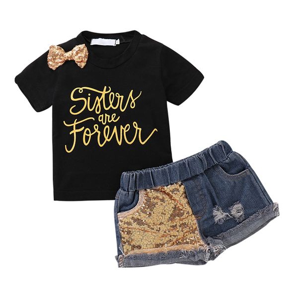 

2pcs/set baby girl summer cotton children's set short sleeve bow-knot decoration denim pants kids toddler casual simple sets, White