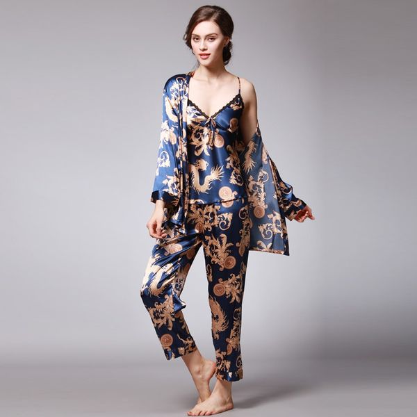 

fashion women sleepwear simulation silk print pajamas nightwear three-piece long-sleeved trousers camisole pijama gecelik, Blue;gray