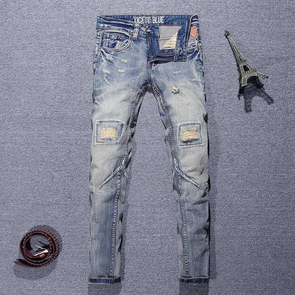 

fashion streetwear men jeans retro destroyed slim fit ripped jeans men hip hop baggy pants spliced designer biker homme, Blue