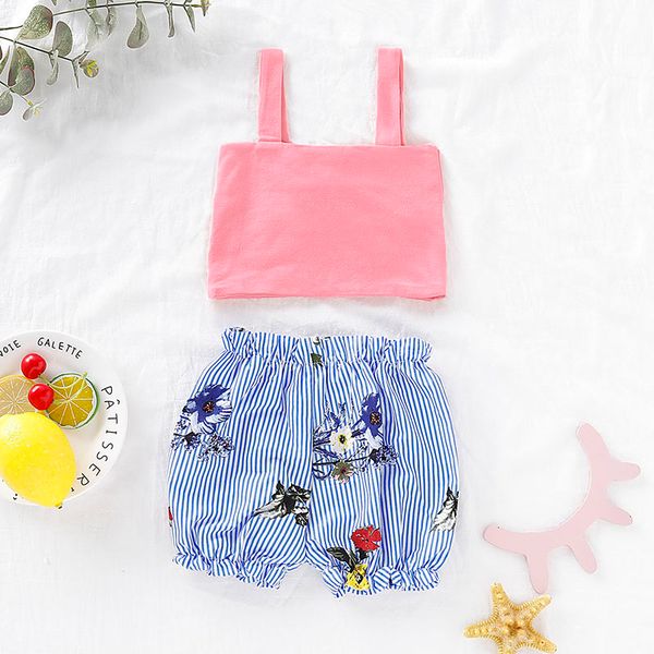 

baby kid clothes summer baby girls clothes set strap bowknot t-shirt striped floral pattern shorts suits costume set#25a, White