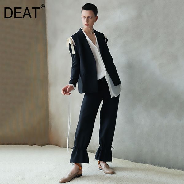 

deat] 2019 new spring summer lapel long sleeve black loose bandage bow burr personality jacket women coat fashion tide jw71, Black;brown