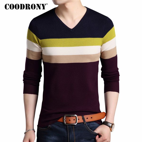 

coodrony sweater men clothes 2018 autumn winter thick warm cashmere wool sweaters casual striped v-neck pullover men jersey 8117, White;black