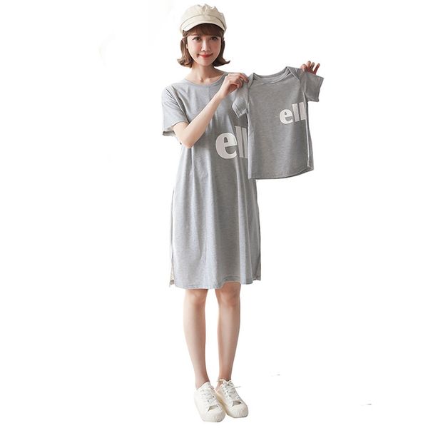 

100% cotton breastfeeding dresses 2020 summer maternity letter print pregnant clothes baby rompers+ mom dress parent&child cloth, White